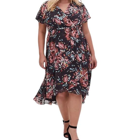 torrid Dresses & Skirts - Torrid Faux Wrap High Low Midi Dress Size 2X Swiss Dot Floral Flutter Sleeves